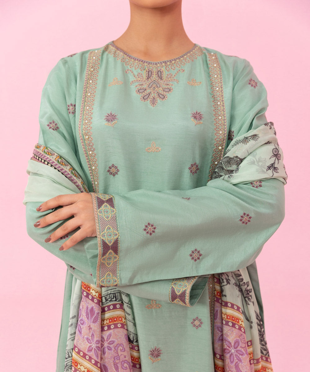 Sapphire - 3 Piece - Embroidered Raw Silk Suit