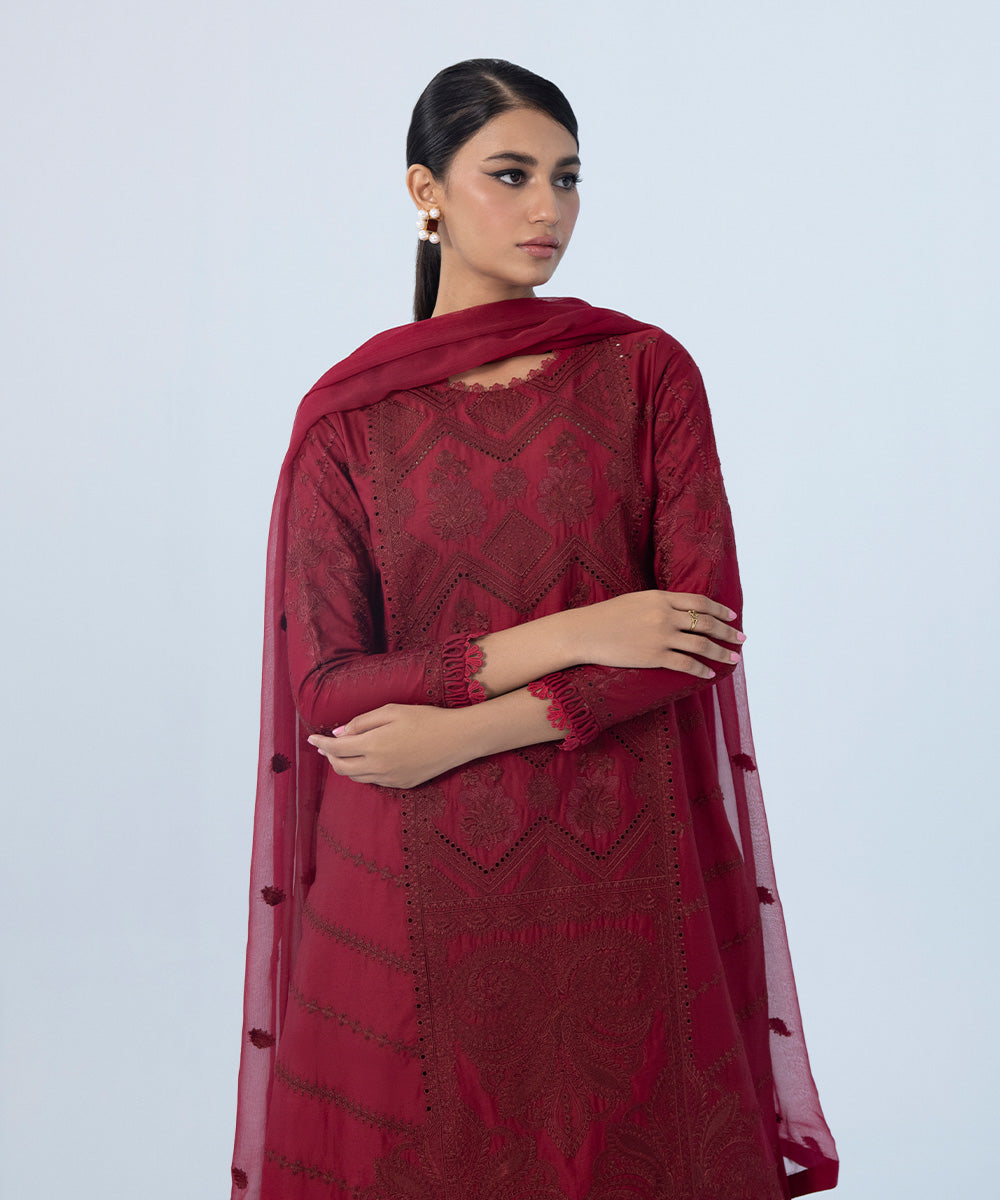 Sapphire - 3 Piece - Embroidered Cotton Satin Suit