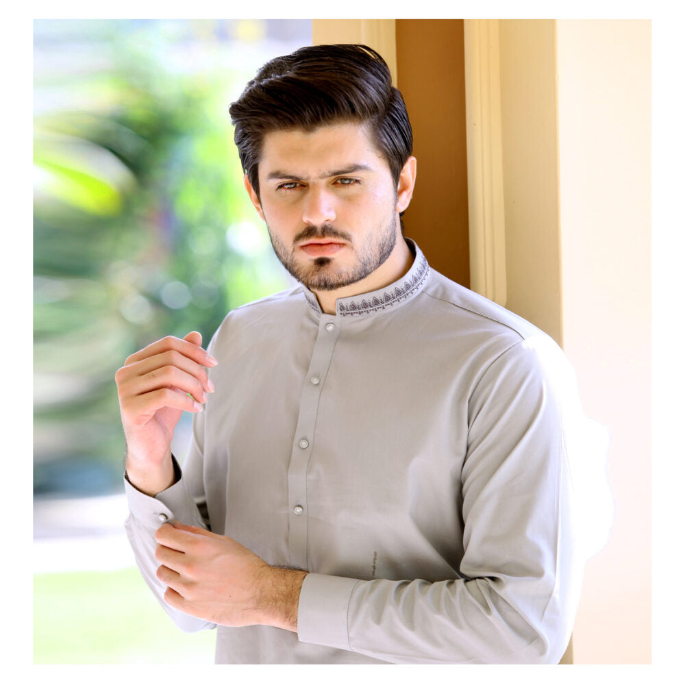 Bareeq Outfits - Embroidered Light-Grey Kurta Pajama