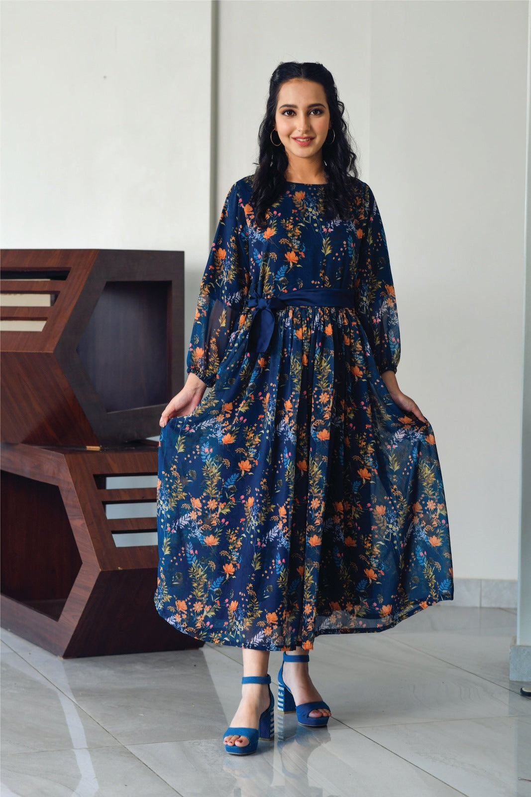 Bareeq Outfits - Chiffon Blue Digital Printed Frock