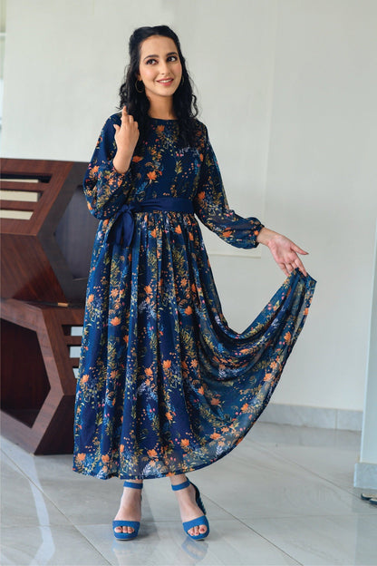 Bareeq Outfits - Chiffon Blue Digital Printed Frock