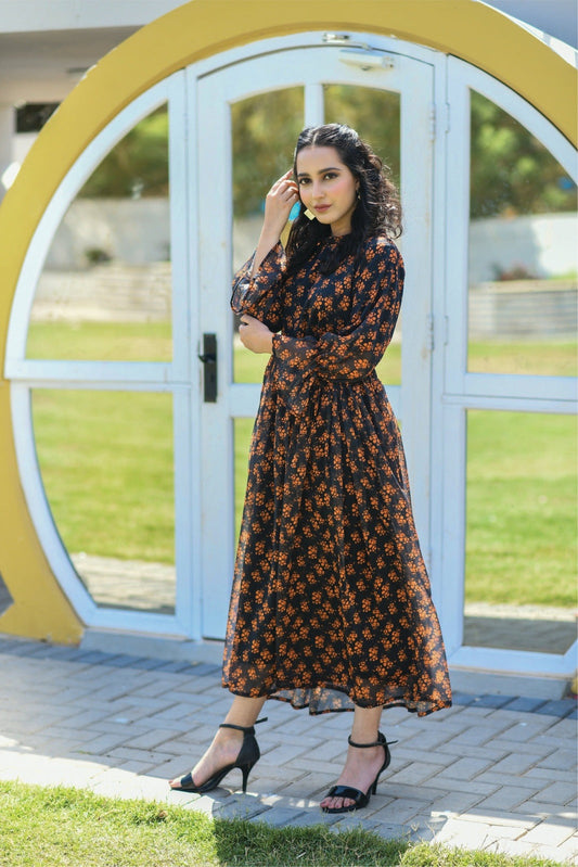 Bareeq Outfits - Chiffon Orange/Black Digital Printed Frock