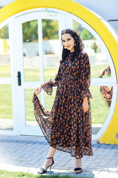 Bareeq Outfits - Chiffon Orange/Black Digital Printed Frock