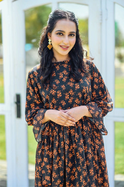 Bareeq Outfits - Chiffon Orange/Black Digital Printed Frock