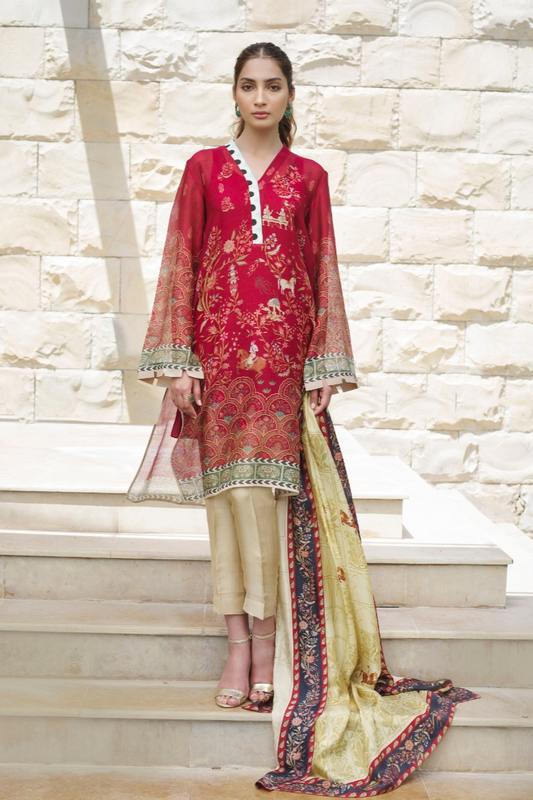 Printed Cotton Net Shirt And trousers with Dupatta 1