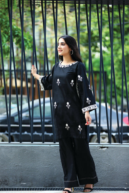 Bareeq Outfits - Black Dyed Embroidered-Cotton Kurta