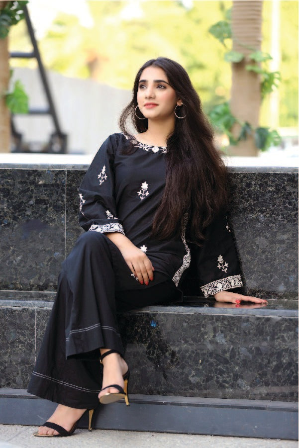 Bareeq Outfits - Black Dyed Embroidered-Cotton Kurta