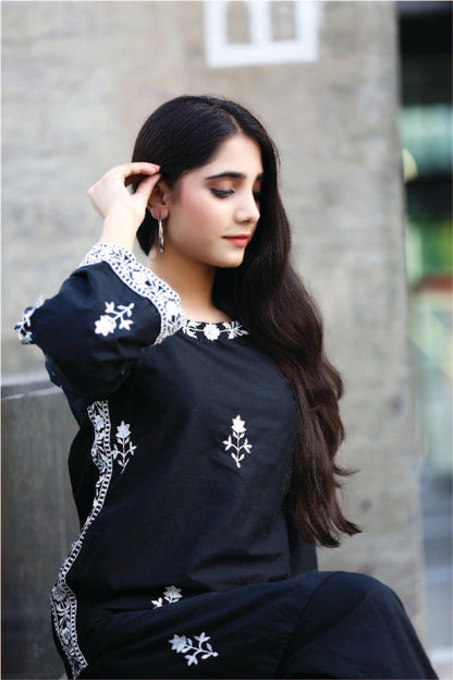 Bareeq Outfits - Black Dyed Embroidered-Cotton Kurta