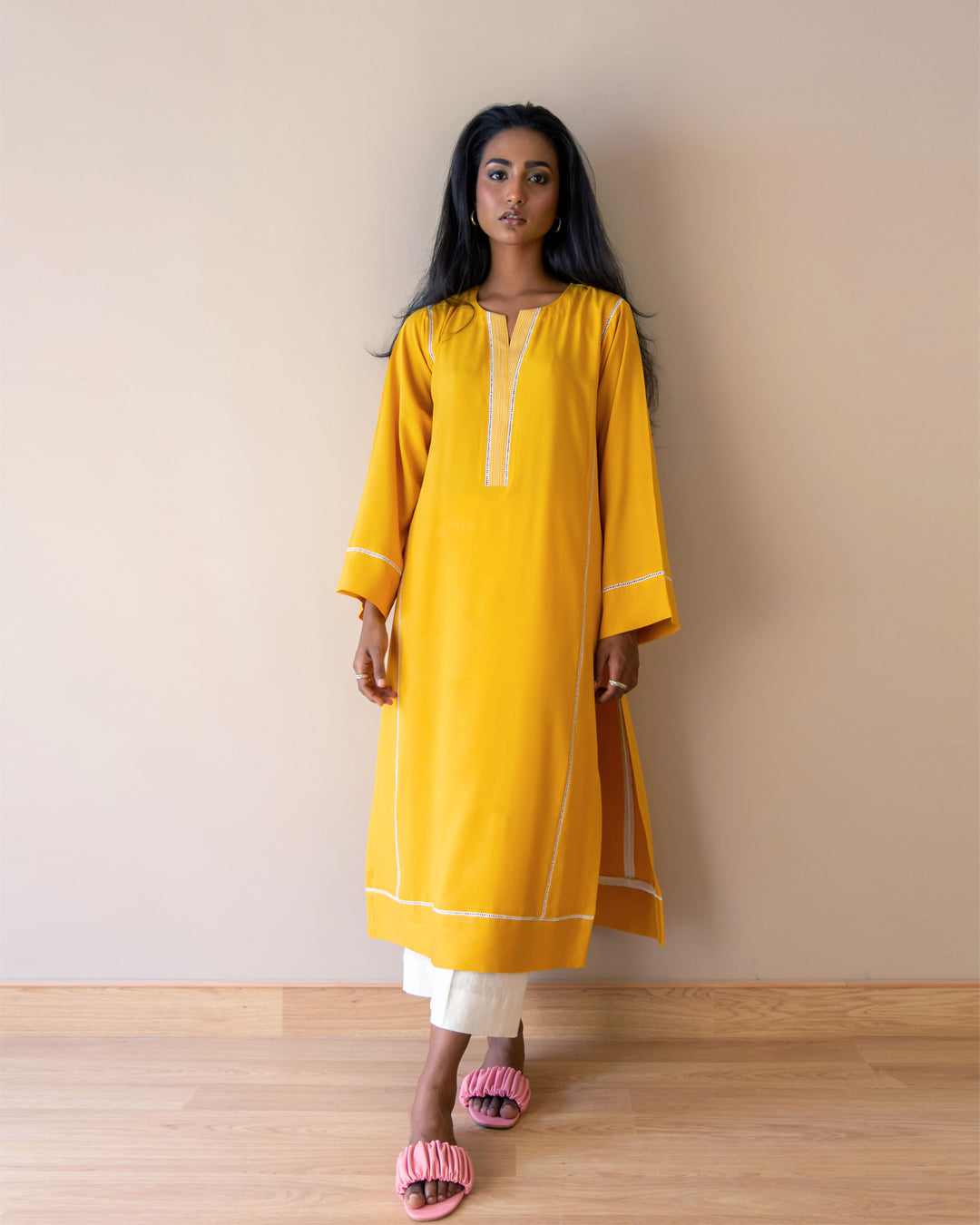 Ayesha Naveed - Long yellow linen kameez