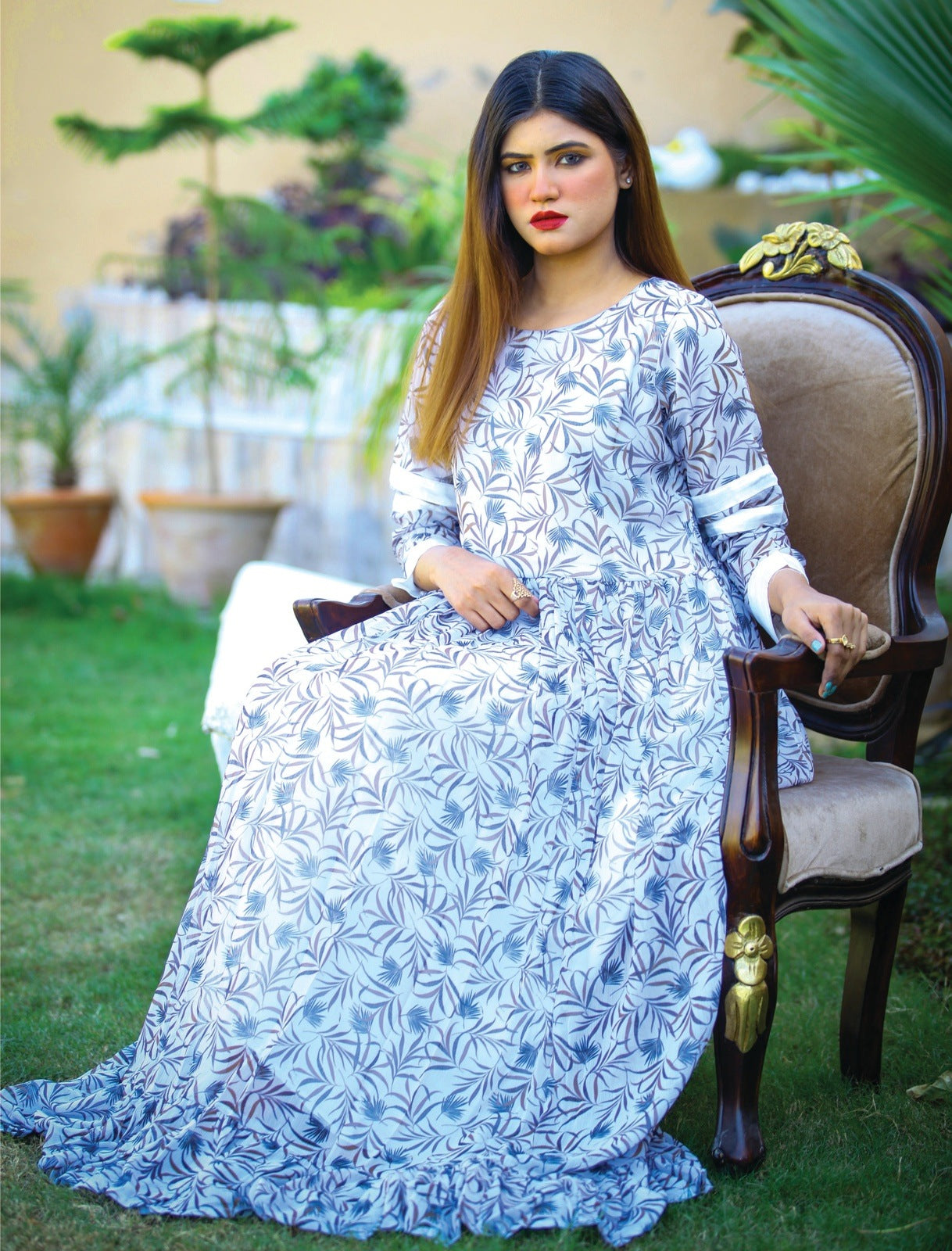 Bareeq Outfits - Chiffon White Printed Long Flair.