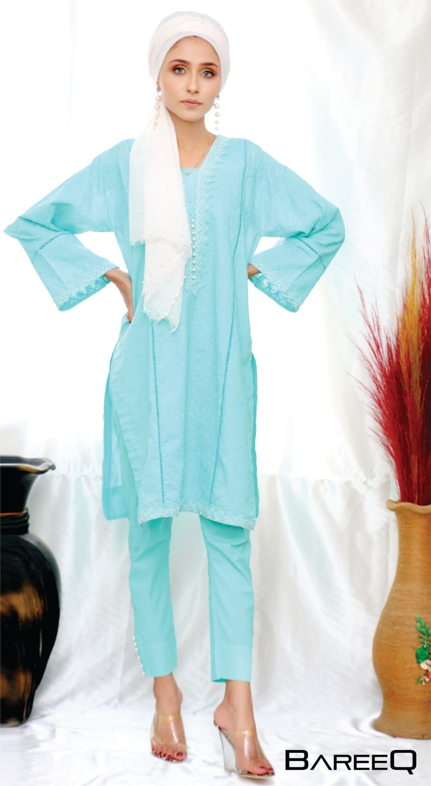 Bareeq Outfits - Chikan-Kari Kurta with Trapped Trouser