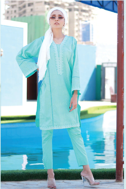 Bareeq Outfits - Chikan-Kari Kurta with Trapped Trouser