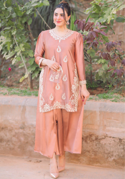 Bareeq Outfits - Embroidered Ballerina-Pink Shamoze Silk 2-PCS