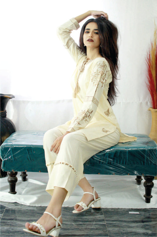 Bareeq Outfits - Embroidered Cotton Shirt With Dyed Cambric Plazo