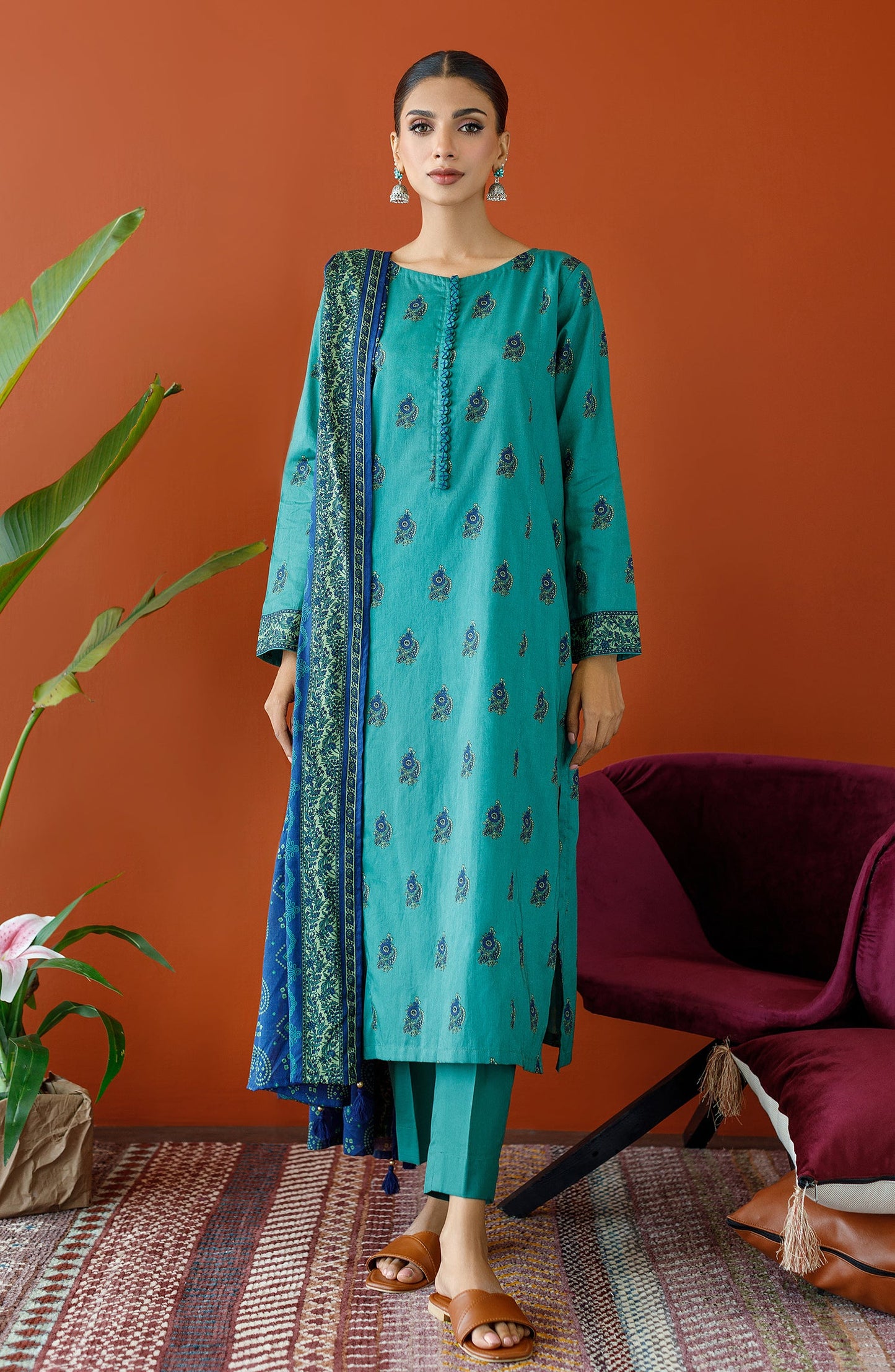 Orient - Stitched 3 Piece Printed Cambric Shirt , Cambric Pant and Lawn Dupatta