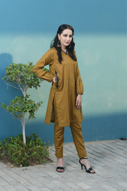 Bareeq Outfits - Embroidered Mustard Cotton – 2 PCS