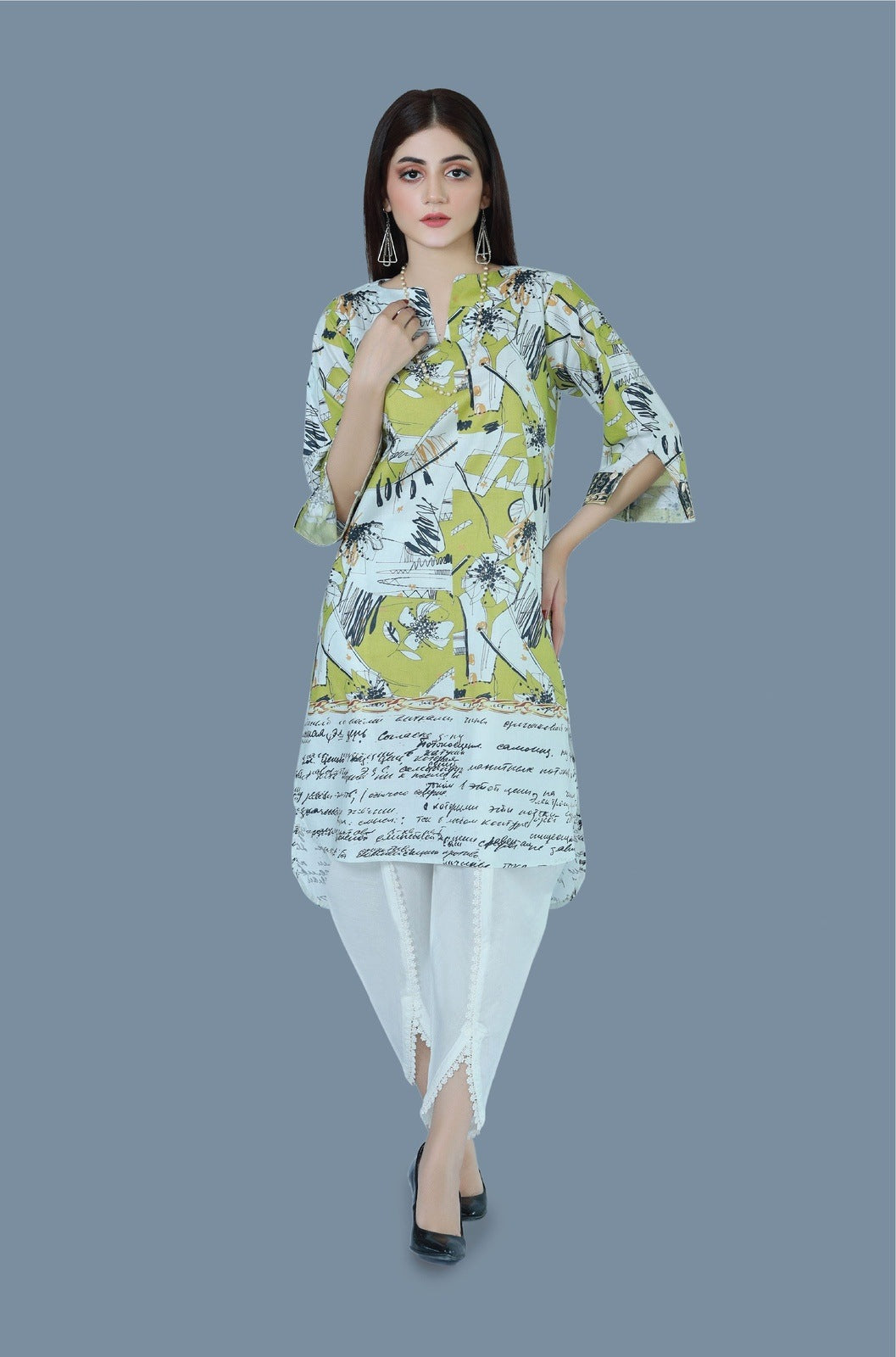 Bareeq Outfits - Speckle Lime Printed Lawn Shirt