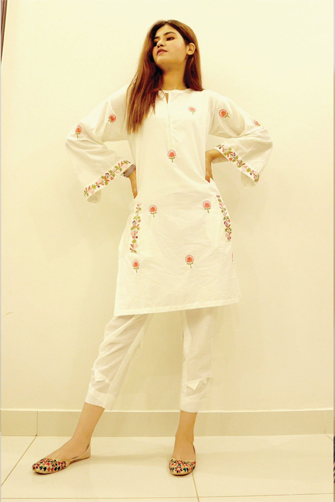 Bareeq Outfits - White Dyed Embroidered-Cotton Kurta