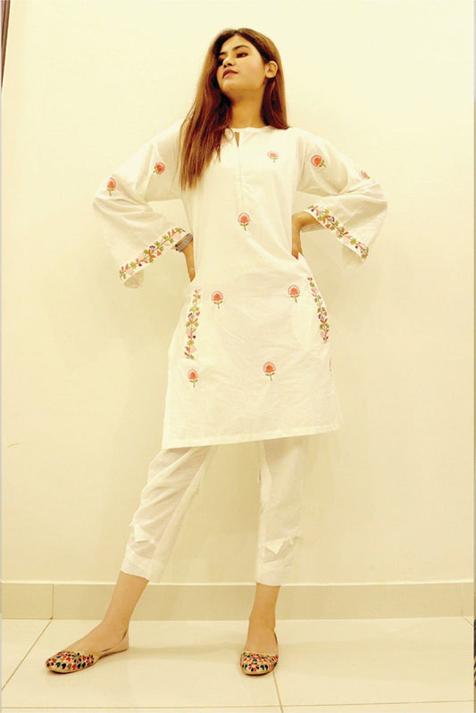 Bareeq Outfits - White Dyed Embroidered-Cotton Kurta