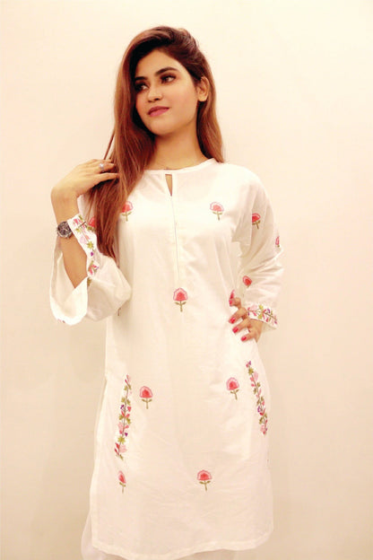 Bareeq Outfits - White Dyed Embroidered-Cotton Kurta