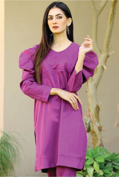 Bareeq Outfits - Purple Solid 2-Pcs Puffy Balloon Sleeves