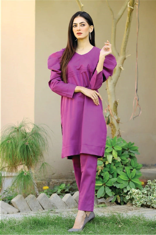 Bareeq Outfits - Purple Solid 2-Pcs Puffy Balloon Sleeves
