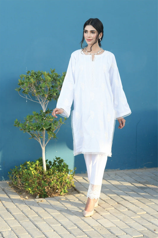 Bareeq Outfits - Pure White Embroidered Shirt