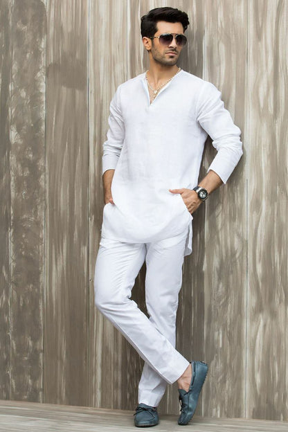 White Linen Short Kurta and trousers