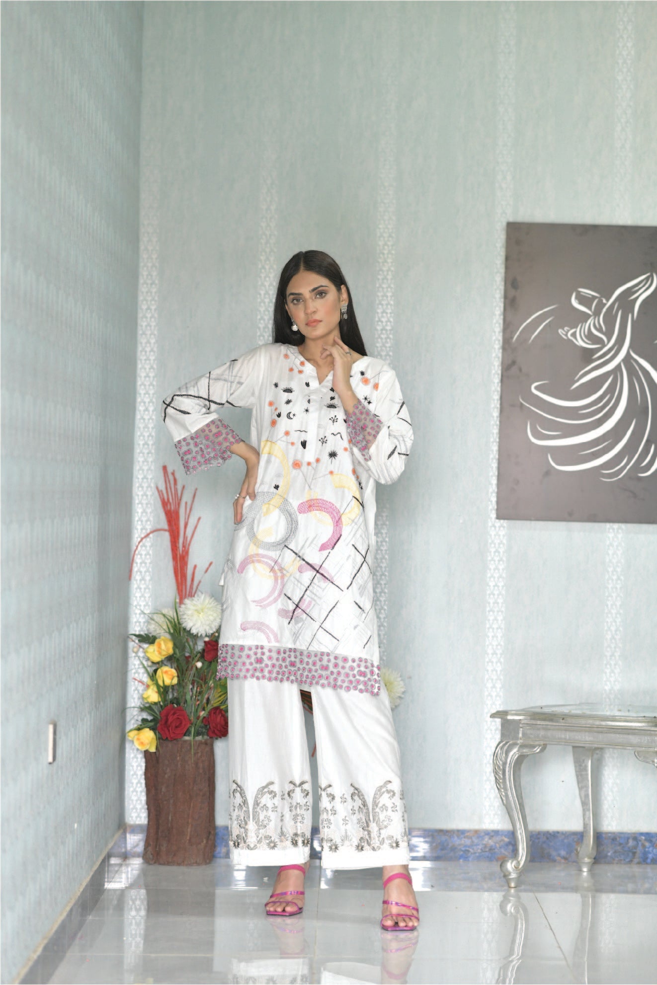 Bareeq Outfits - White Embroidered Shirt
