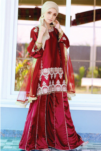 Bareeq Outfits - 3 Piece Mahroon Embroidered Shamoze Silk With Dhaka Pajama