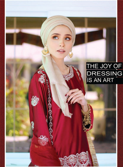 Bareeq Outfits - 3 Piece Mahroon Embroidered Shamoze Silk With Dhaka Pajama