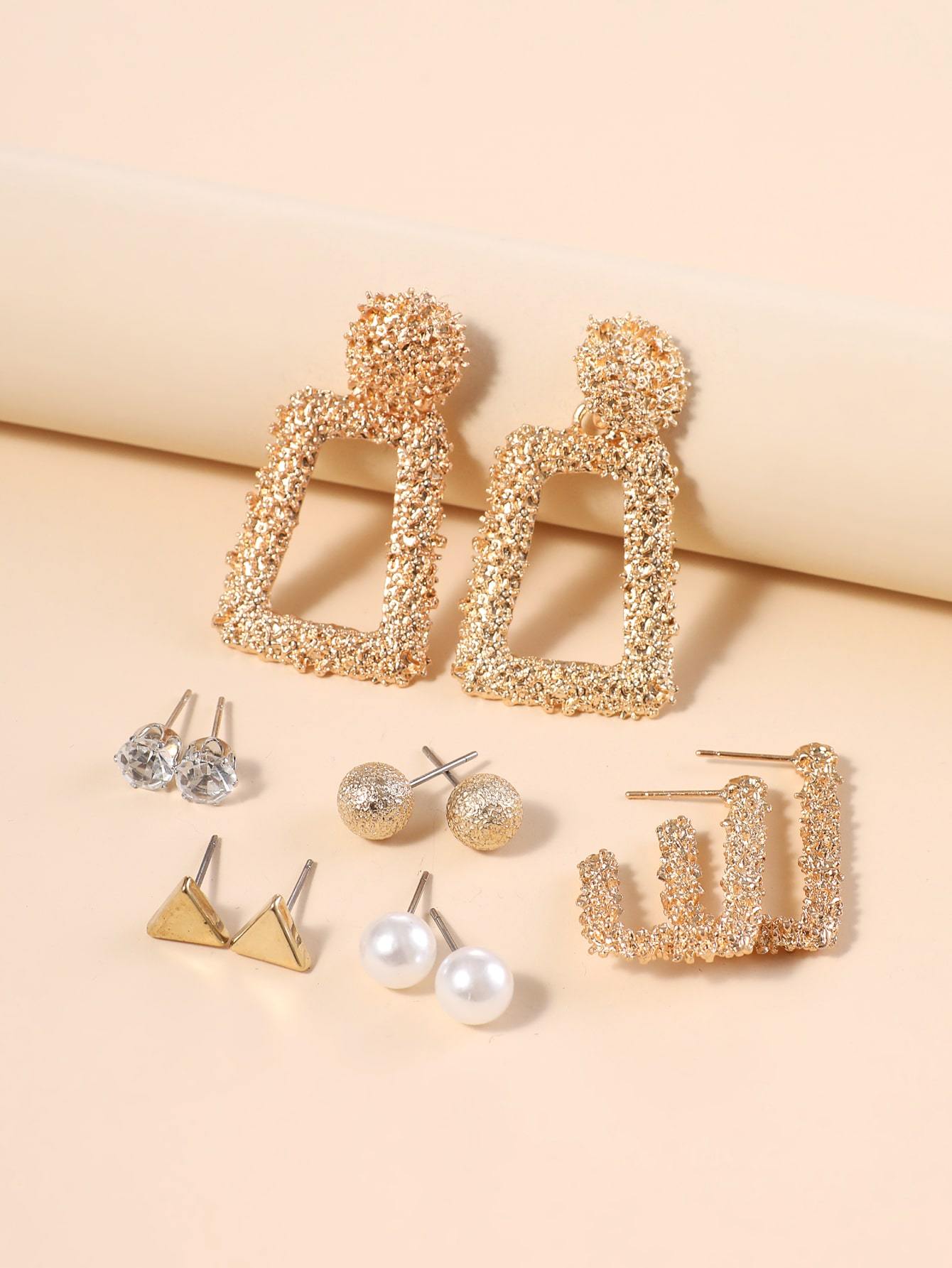 Bustangi - Shein- 6pairs Rhinestone Detail Geo Earrings