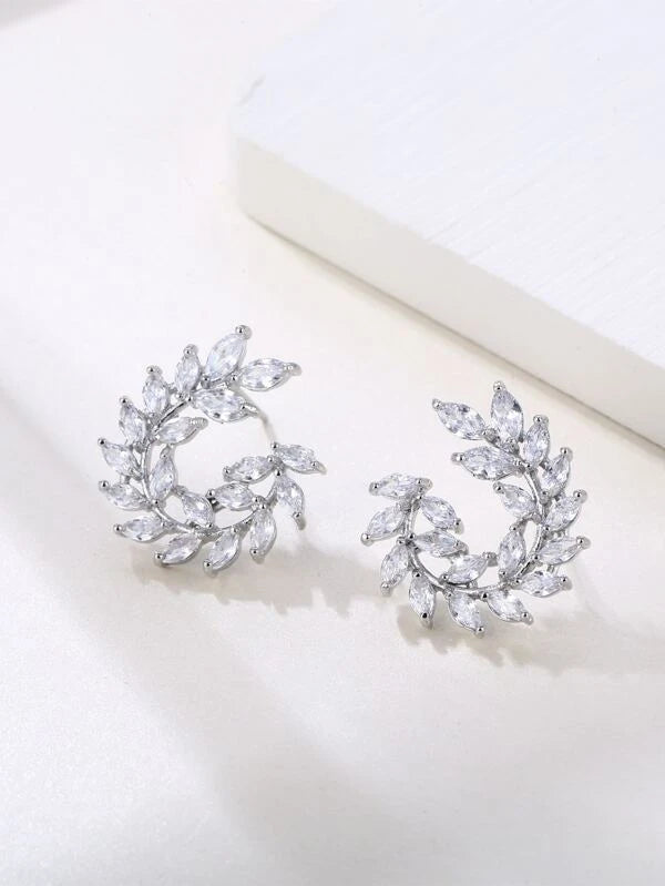 Bustangi - Shein - Cubic Zirconia Leaf Stud Earrings