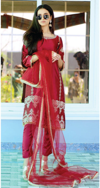 Bareeq Outfits - Embroidered Maroon Shamoze-Silk 3-PCS