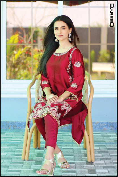 Bareeq Outfits - Embroidered Maroon Shamoze-Silk 3-PCS