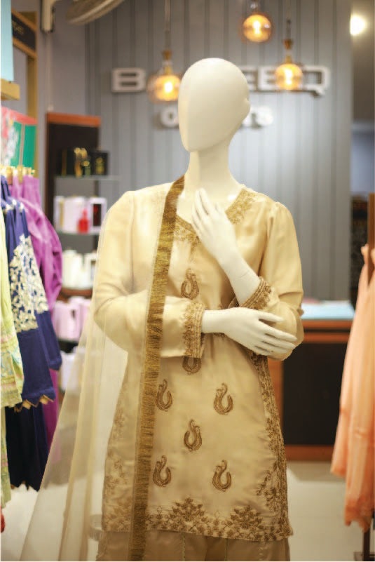 Bareeq Outfits - Gold Poise Embroidered Silk Dress 3-Piece