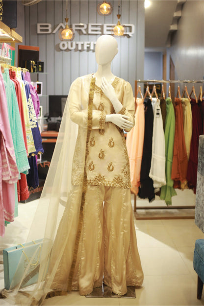 Bareeq Outfits - Gold Poise Embroidered Silk Dress 3-Piece