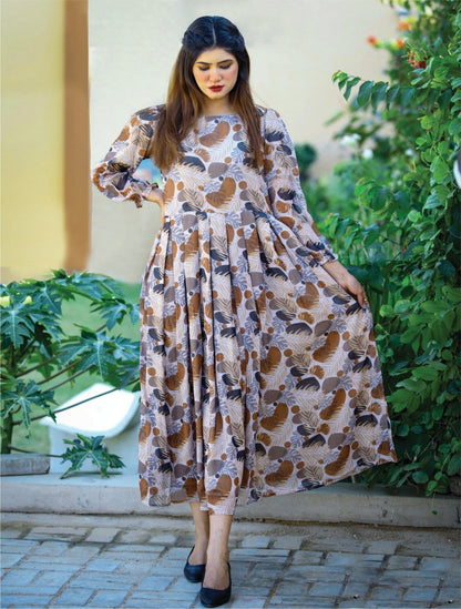 Bareeq Outfits - Goldish-Brown Printed Long Flair