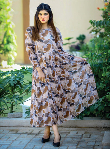 Bareeq Outfits - Goldish-Brown Printed Long Flair