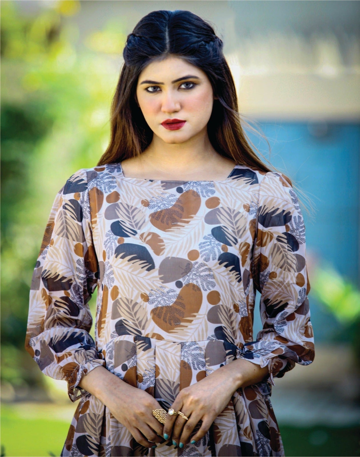 Bareeq Outfits - Goldish-Brown Printed Long Flair