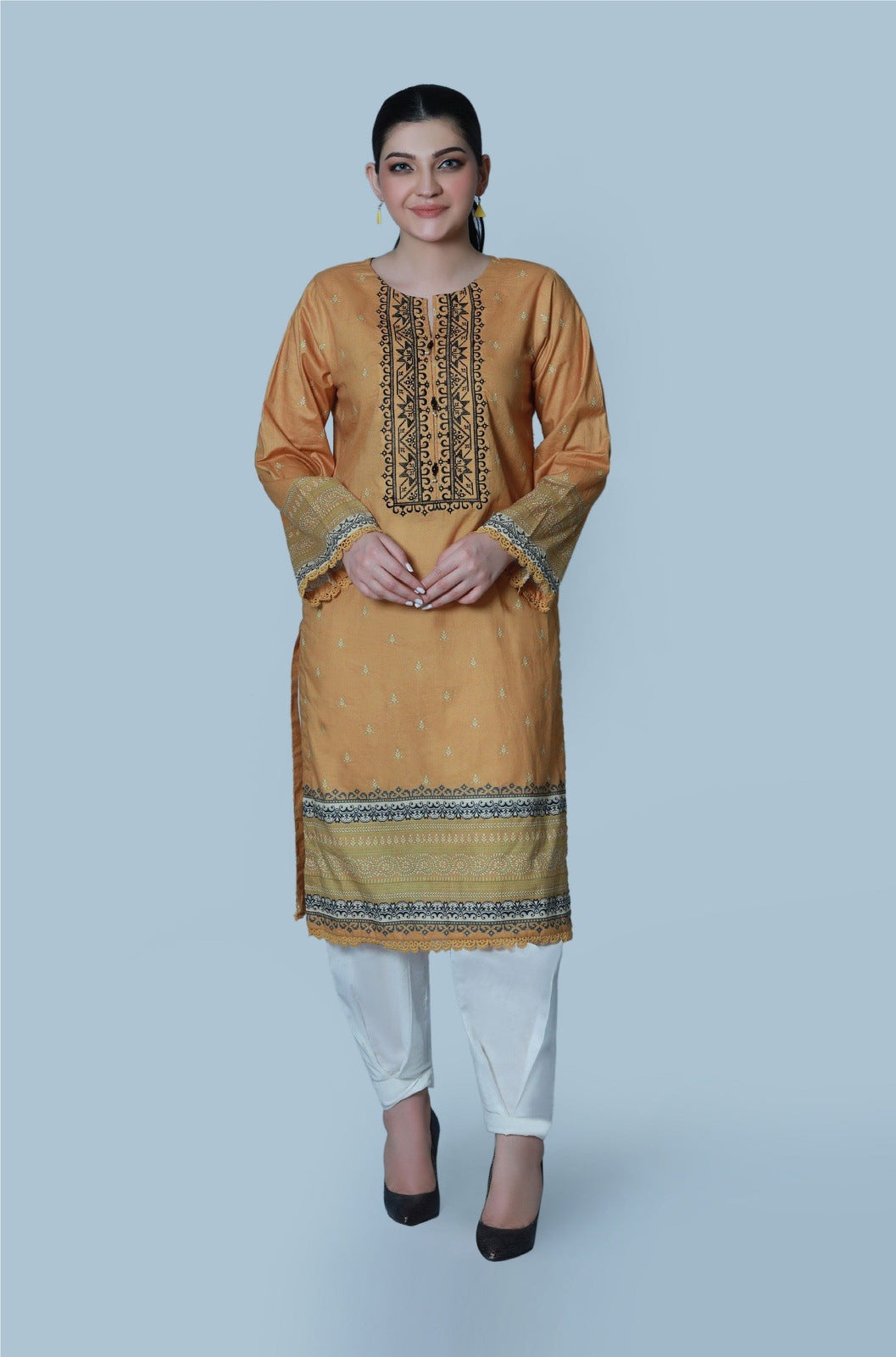 Bareeq Outfits - Ochre Glam Printed Lawn Shirt