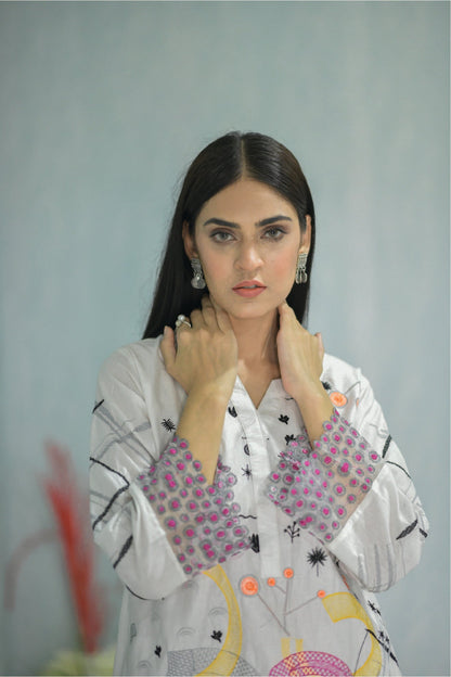 Bareeq Outfits - White Embroidered Shirt
