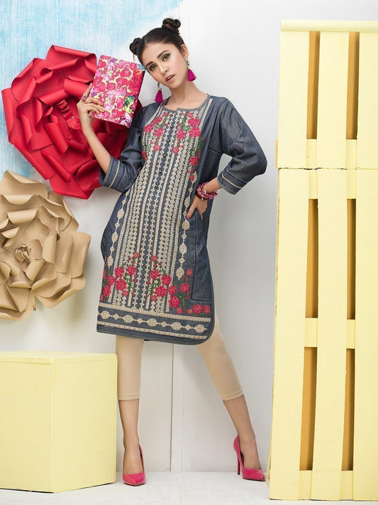 Edenrobe - Pret 1Pc Embroidered Denim Shirt - ELTKE17-66183