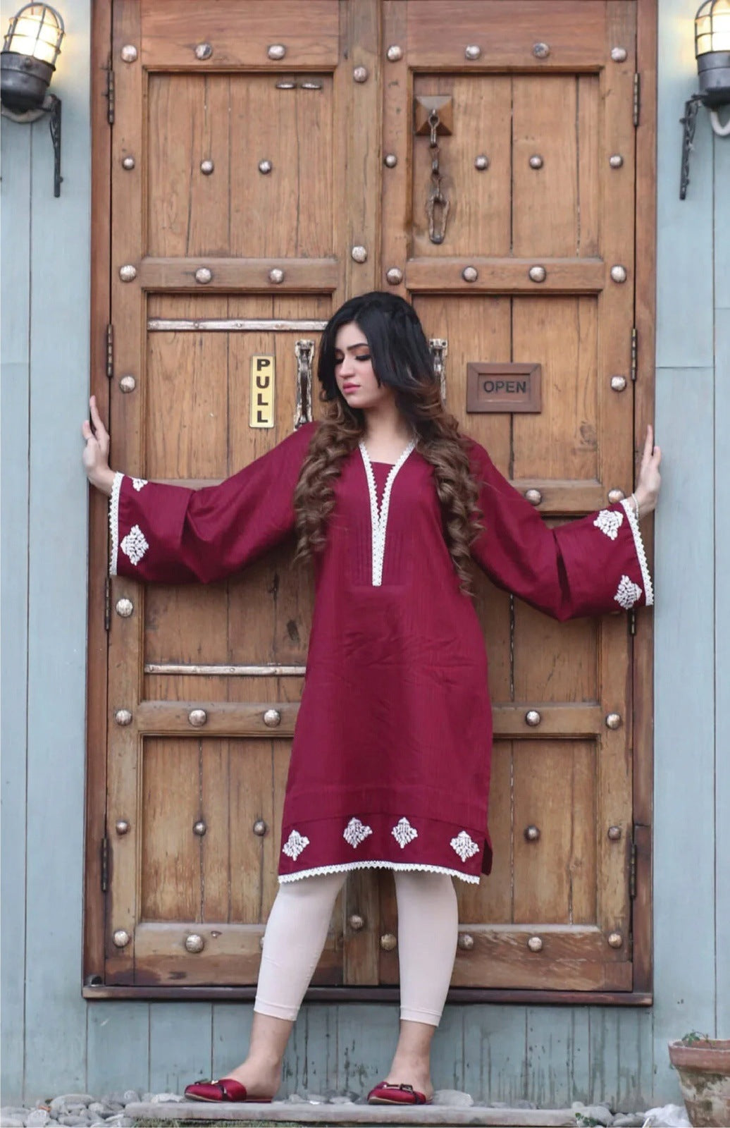 Bareeq Outfits - Maroon Embroidered Cotton Kurta