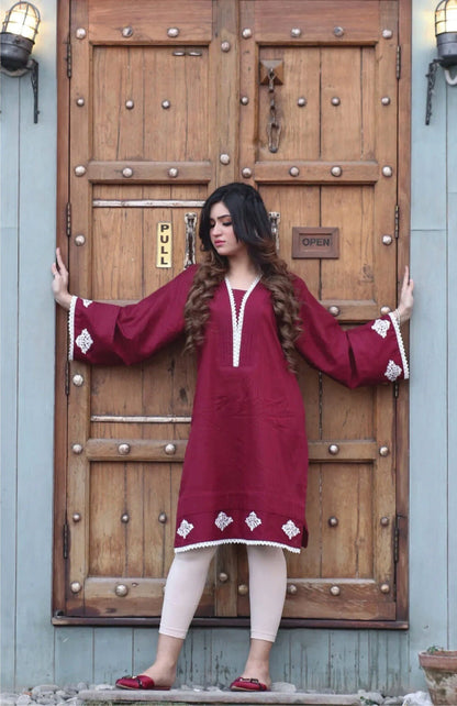 Bareeq Outfits - Maroon Embroidered Cotton Kurta