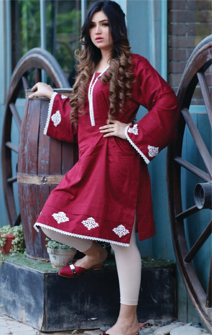 Bareeq Outfits - Maroon Embroidered Cotton Kurta
