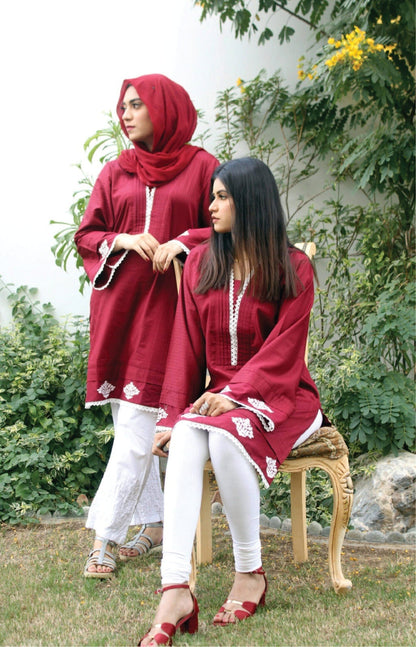 Bareeq Outfits - Maroon Embroidered Cotton Kurta