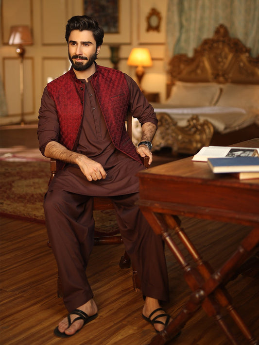 Edenrobe - Men's Maroon Waist Coat Ceremonial - EMTWCC18-049