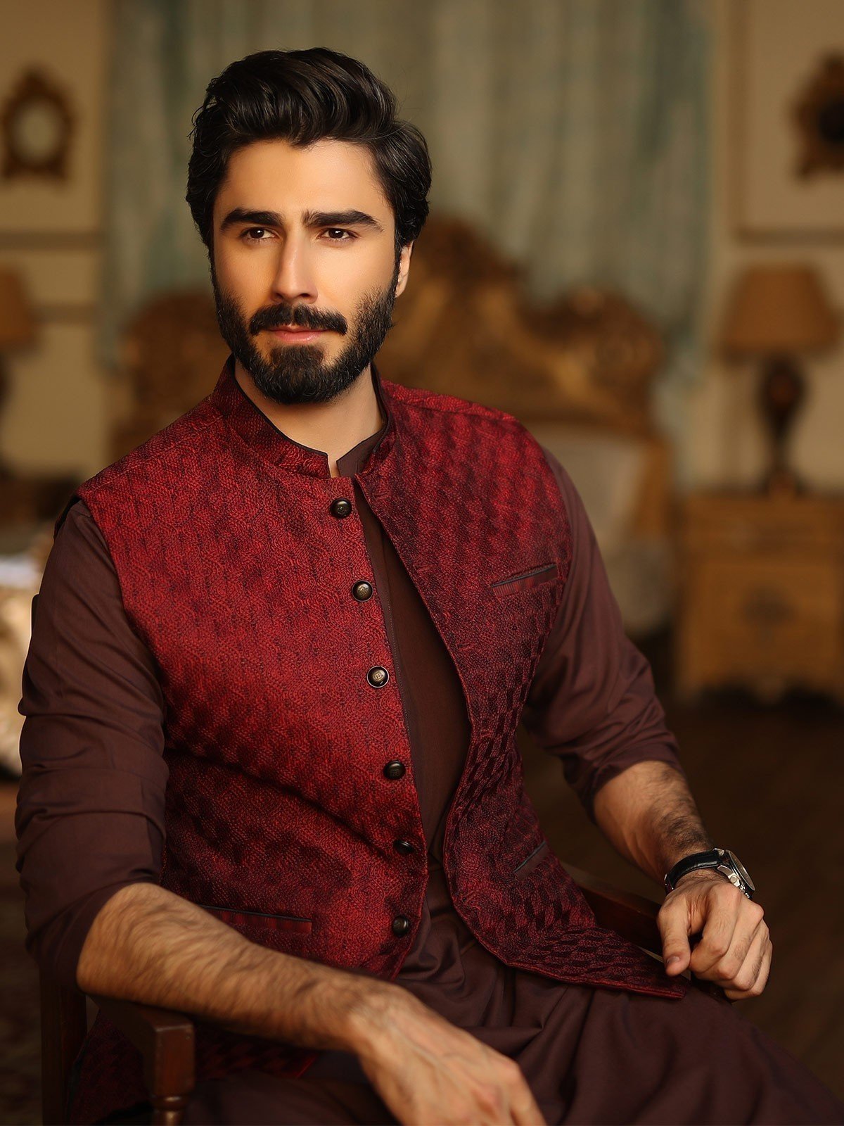 Edenrobe - Men's Maroon Waist Coat Ceremonial - EMTWCC18-049