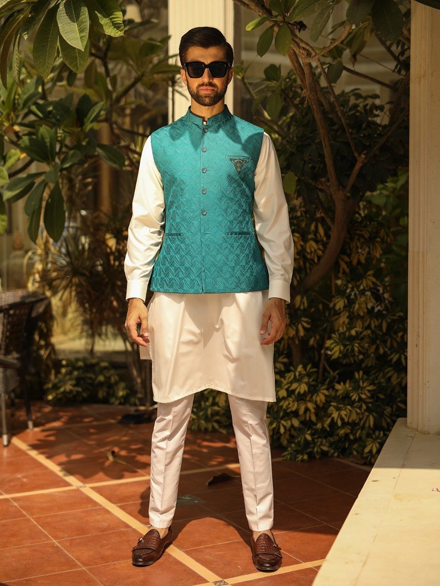 Edenrobe - Men's Turquoise Waist Coat Ceremonial - EMTWCC18-052